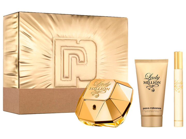 Set de fragancia Lady Million de Paco Rabanne en color dorado, incluye perfume, loción corporal y spray de viaje.