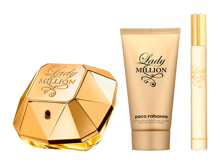 Set de fragancia Lady Million de Paco Rabanne en color dorado, incluye perfume, loción corporal y spray de viaje.