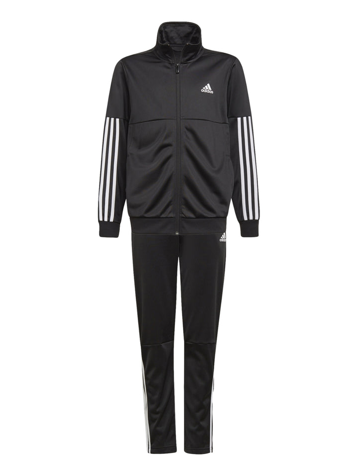 Conjunto deportivo Adidas para niño en color negro con rayas blancas laterales en chaqueta y pantalón.