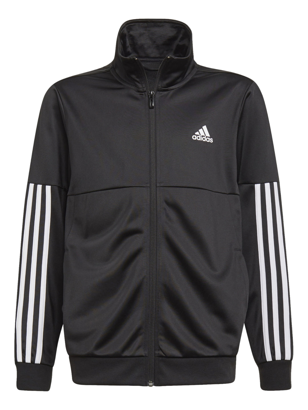 Conjunto deportivo Adidas para niño en color negro con rayas blancas laterales en chaqueta y pantalón.