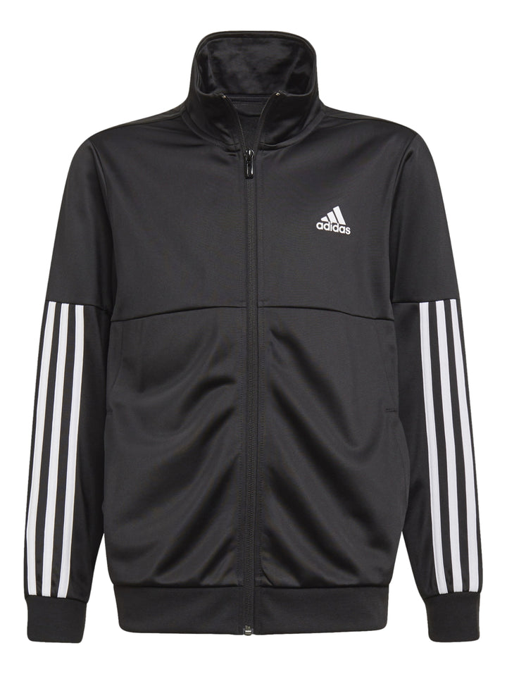 Conjunto deportivo Adidas para niño en color negro con rayas blancas laterales en chaqueta y pantalón.