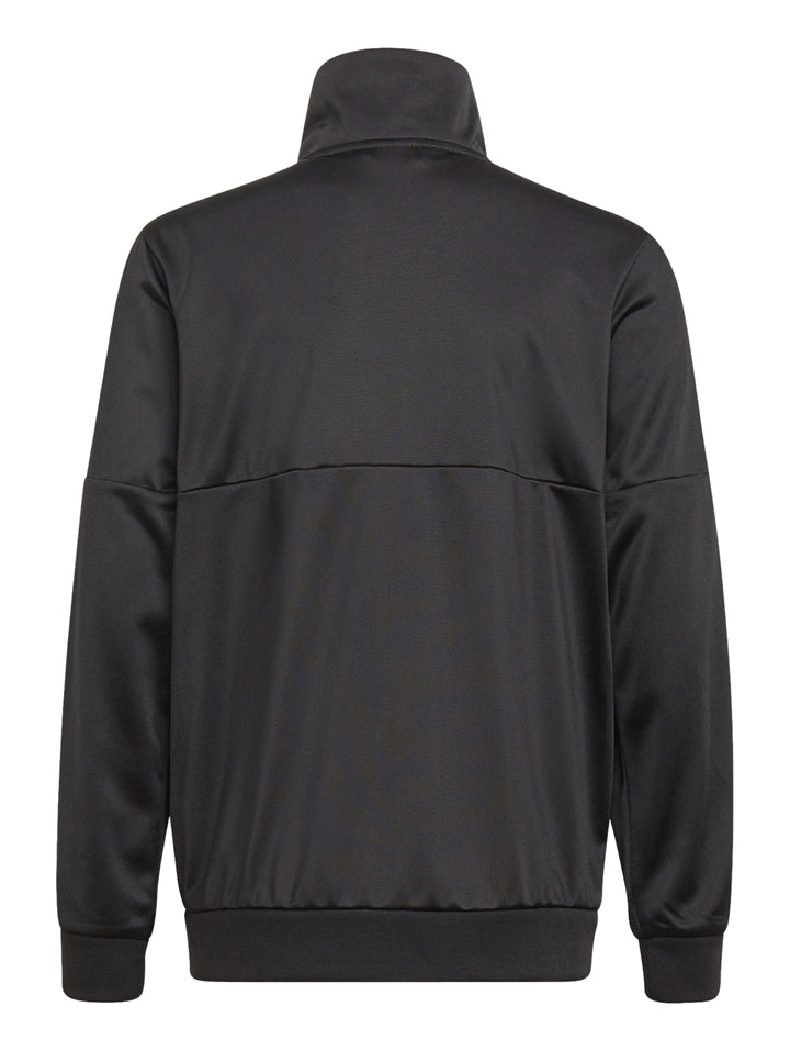 Conjunto deportivo Adidas para niño en color negro con rayas blancas laterales en chaqueta y pantalón.