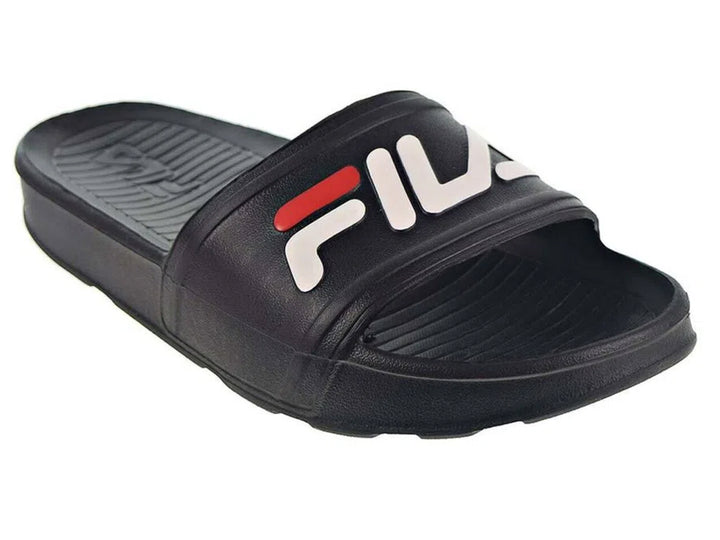 Sandalia deslizable Fila color negro con logotipo blanco y rojo en la banda superior.