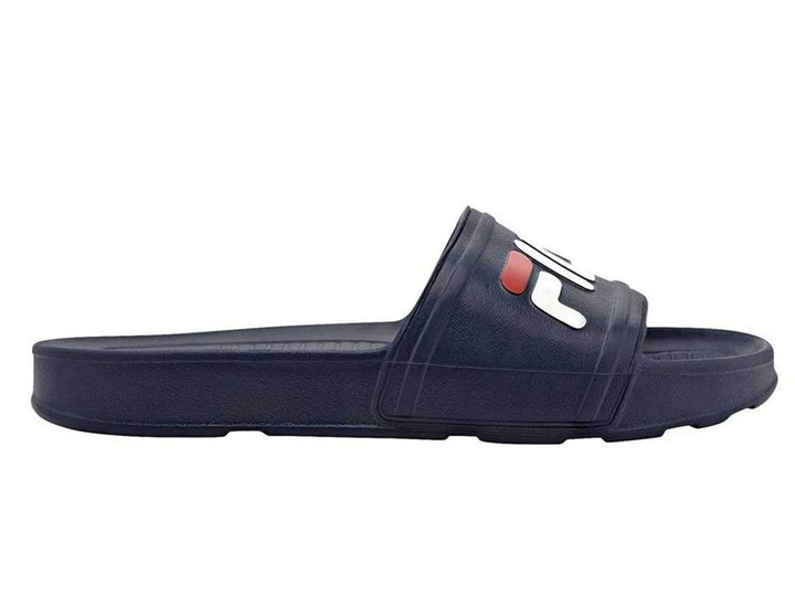 Sandalia Fila Sleek Slide LT para hombre en color azul marino con logotipo en blanco y rojo.