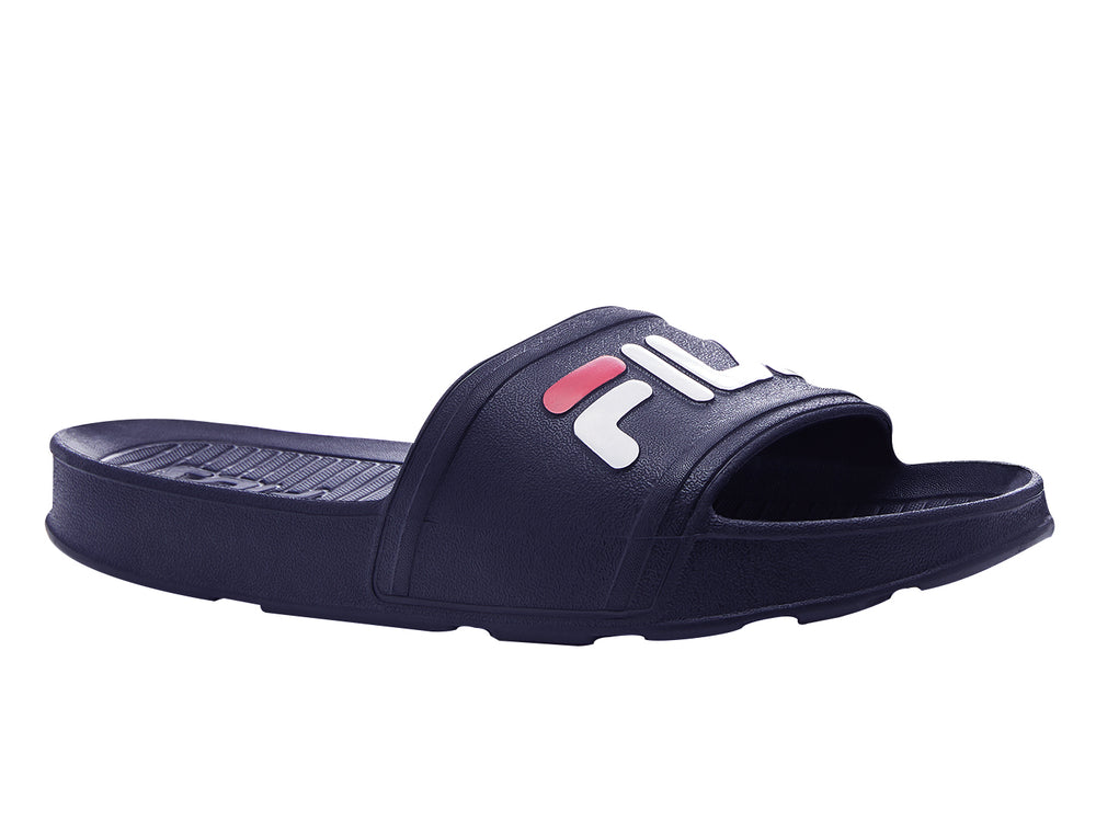 Sandalia Fila Sleek Slide LT para hombre en color azul marino con logotipo en blanco y rojo.