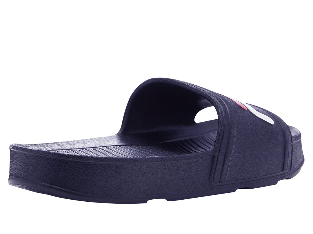 Sandalia Fila Sleek Slide LT para hombre en color azul marino con logotipo en blanco y rojo.