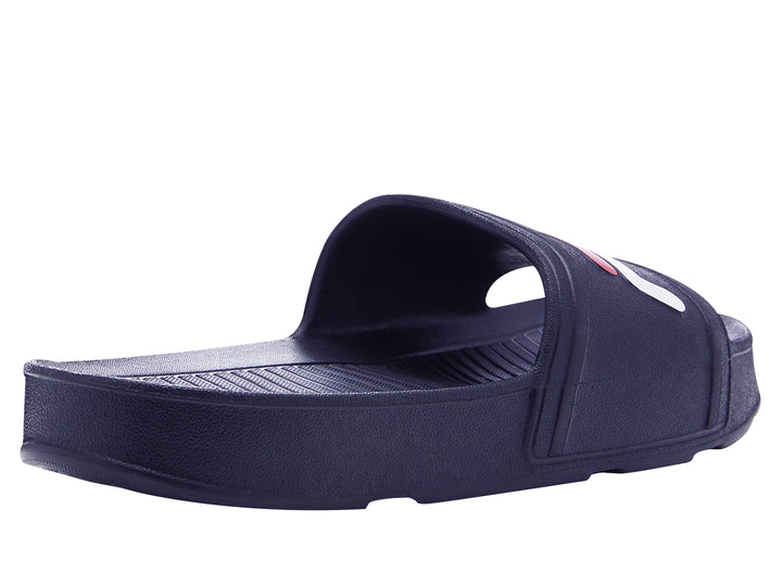 Sandalia Fila Sleek Slide LT para hombre en color azul marino con logotipo en blanco y rojo.