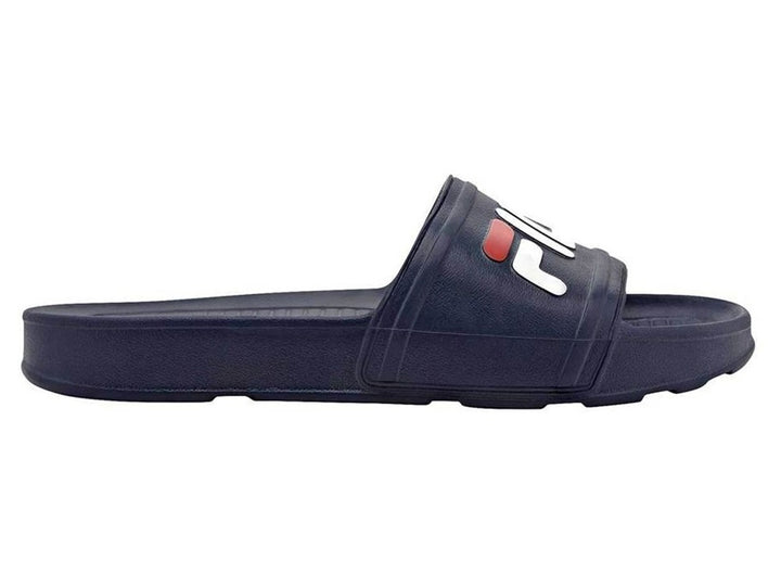 Sandalia deportiva Fila Sleek Slide LT para mujer en color azul marino con logotipo en blanco y rojo.