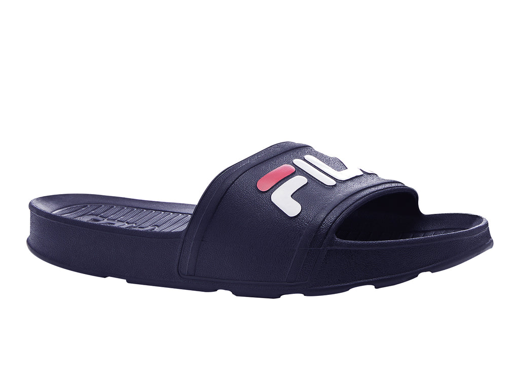 Sandalia deportiva Fila Sleek Slide LT para mujer en color azul marino con logotipo en blanco y rojo.
