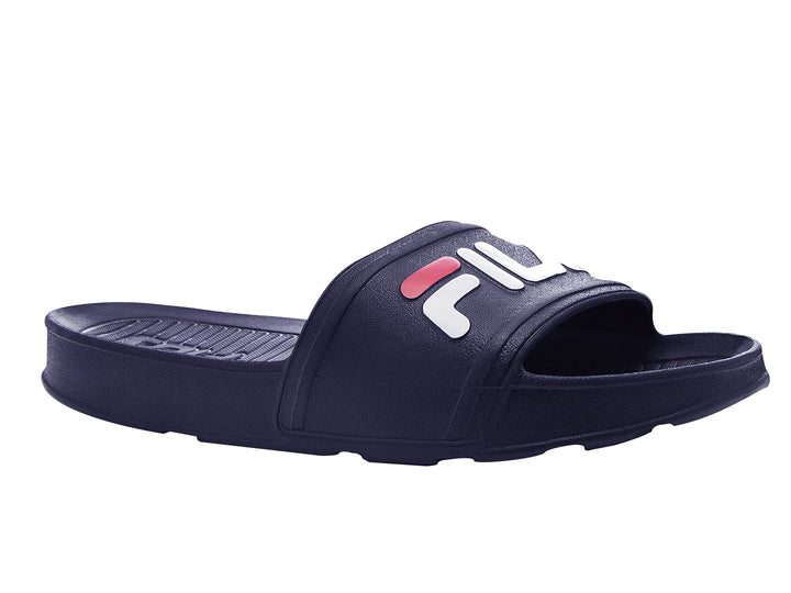 Sandalia deportiva Fila Sleek Slide LT para mujer en color azul marino con logotipo en blanco y rojo.