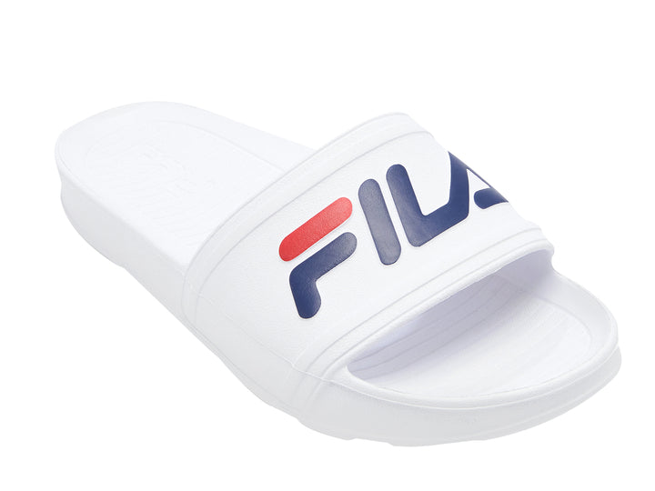 Sandalia tipo slide FILA de color blanco con logotipo en rojo y azul marino.