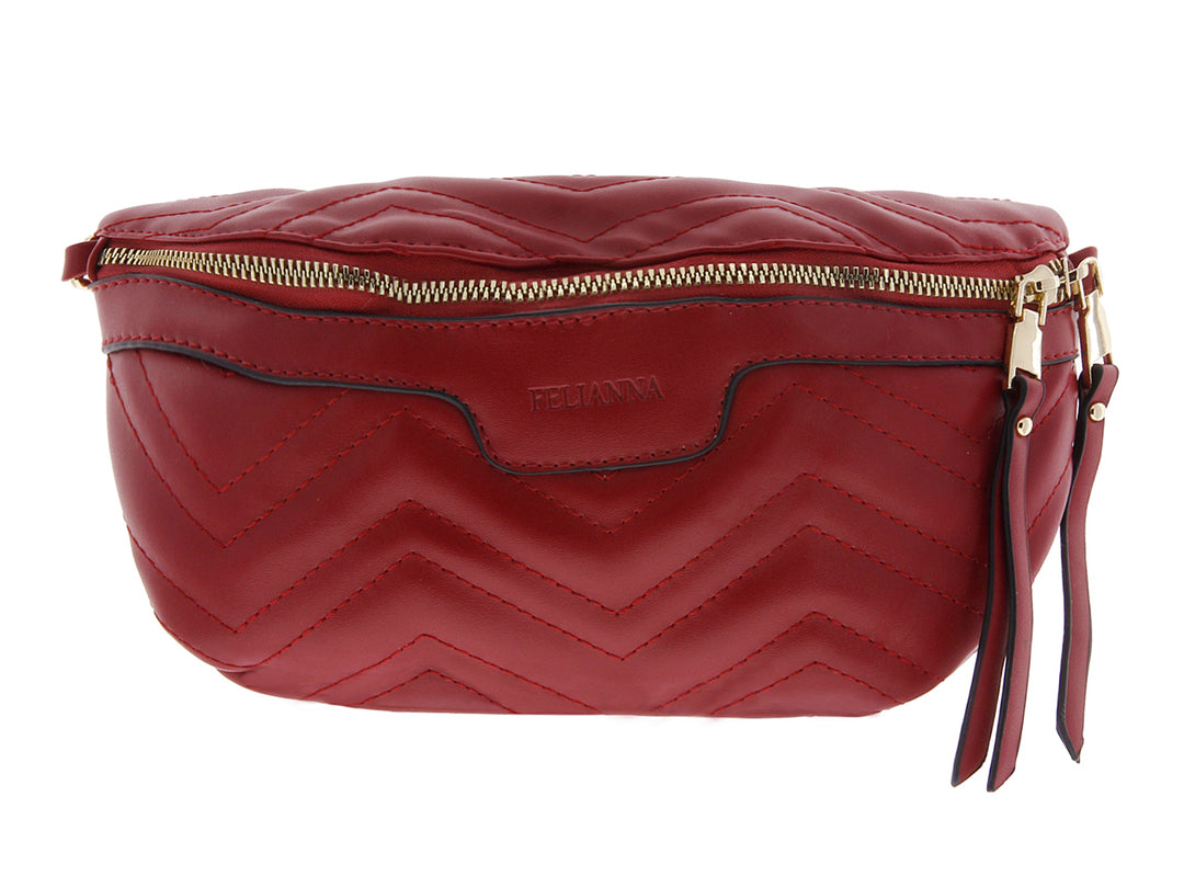 Cangurera roja con diseño acolchado en chevron y detalles en dorado.