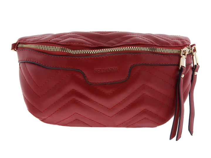 Cangurera roja con diseño acolchado en chevron y detalles en dorado.