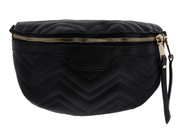 Cangurera negra Felianna con diseño acolchado en chevron y cierre metálico dorado.