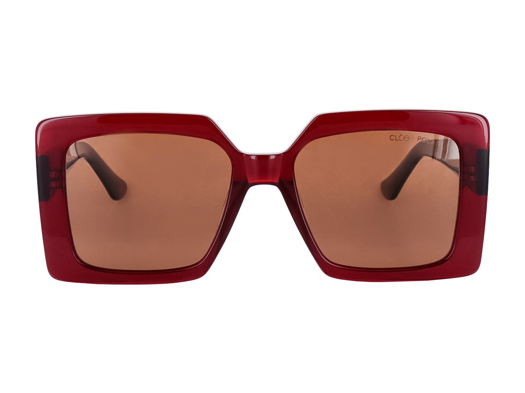 Lentes de sol Cloe para mujer en color vino con montura cuadrada y cristales marrón polarizados.