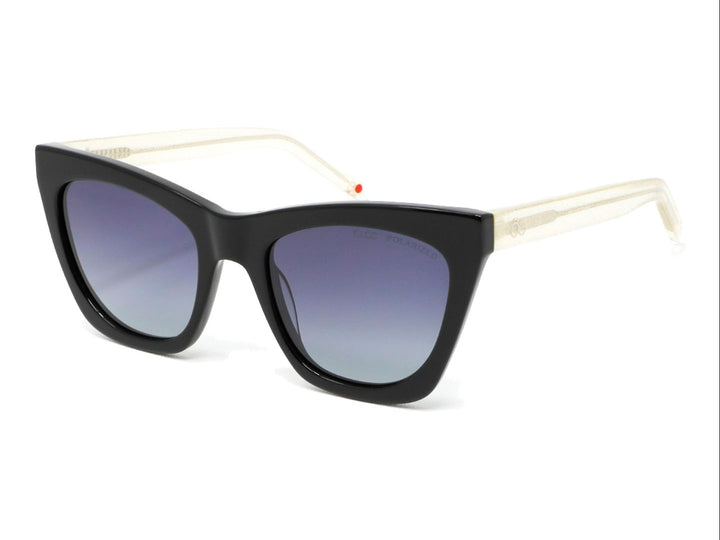 Lentes de sol Cloe estilo cat-eye con montura negra y varillas blancas, cristales polarizados en tono degradado.