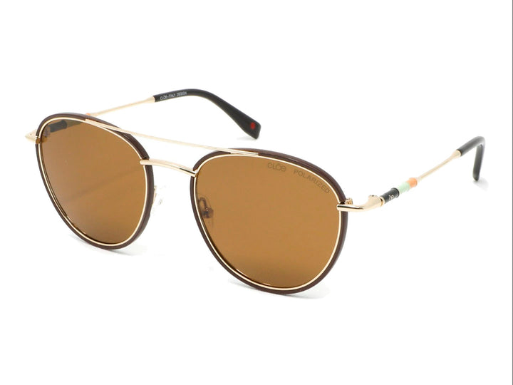 Lentes de sol Cloe para mujer con cristales color marrón y montura metálica dorada de forma redonda.