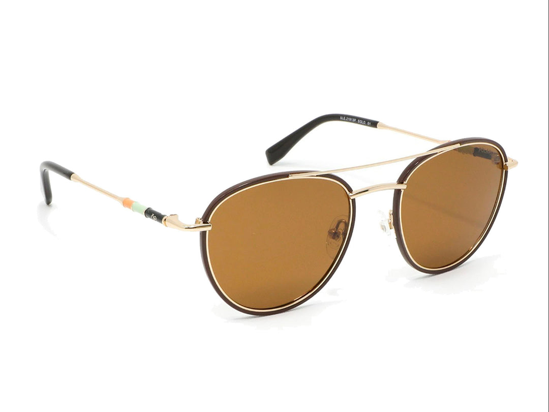 Lentes de sol Cloe para mujer con cristales color marrón y montura metálica dorada de forma redonda.