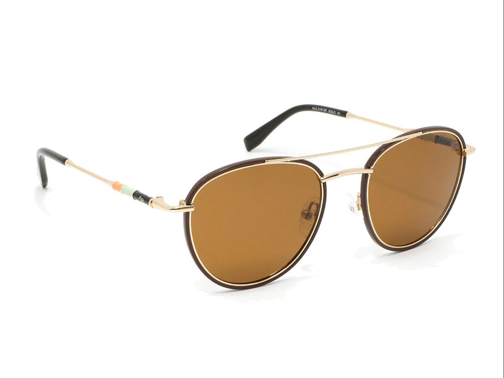 Lentes de sol Cloe para mujer con cristales color marrón y montura metálica dorada de forma redonda.