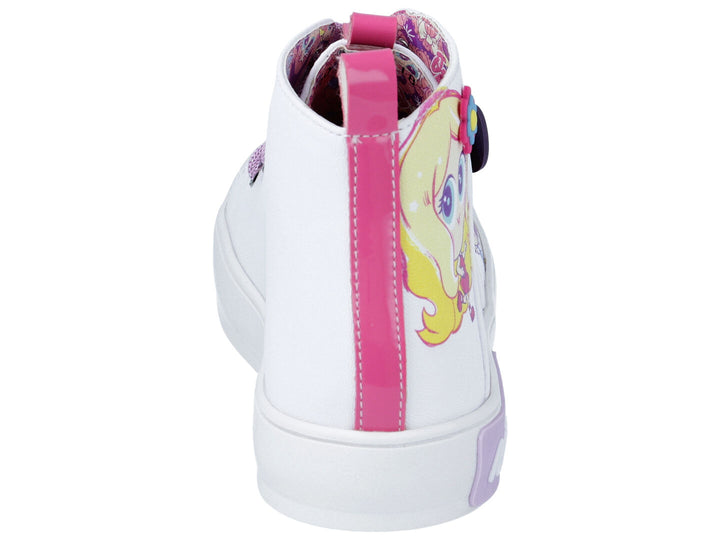 Tenis blancos de bota para niña con ilustraciones de personajes coloridos y agujetas moradas.