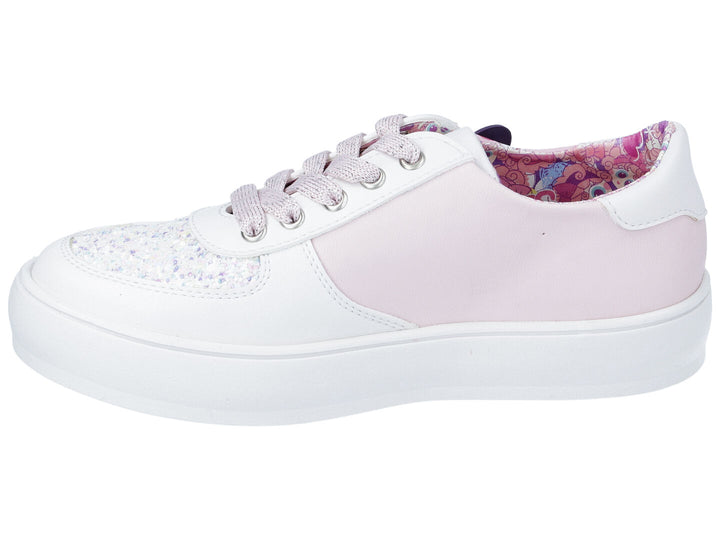 Tenis color hueso para niña con detalles en rosa, moño decorativo y punta con glitter.