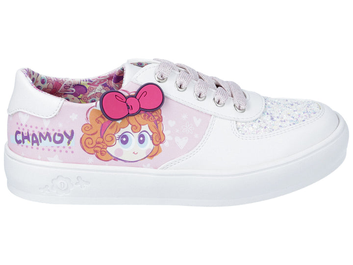 Tenis para niña en color hueso y rosa con detalles de glitter y personaje de Distroller.