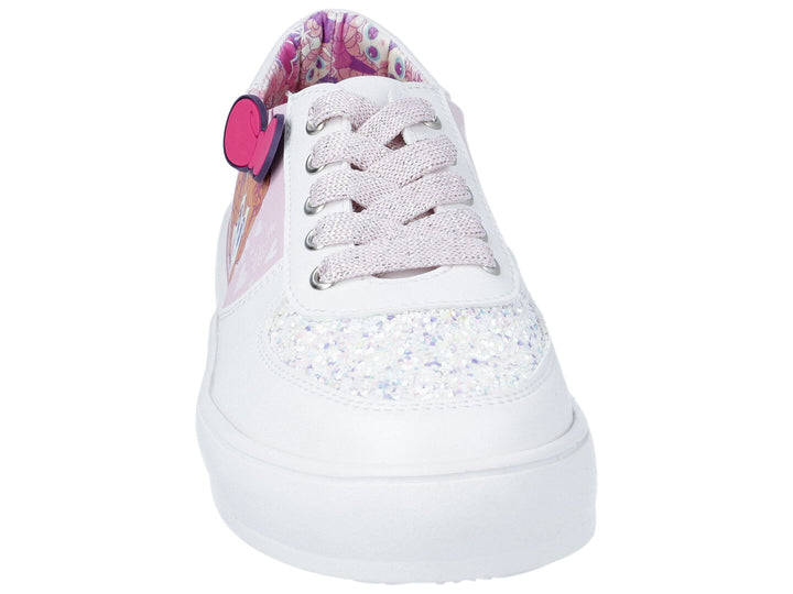 Tenis para niña en color hueso y rosa con detalles de glitter y personaje de Distroller.