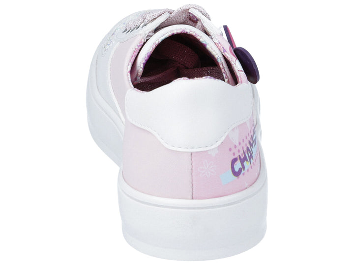 Tenis para niña en color hueso y rosa con detalles de glitter y personaje de Distroller.