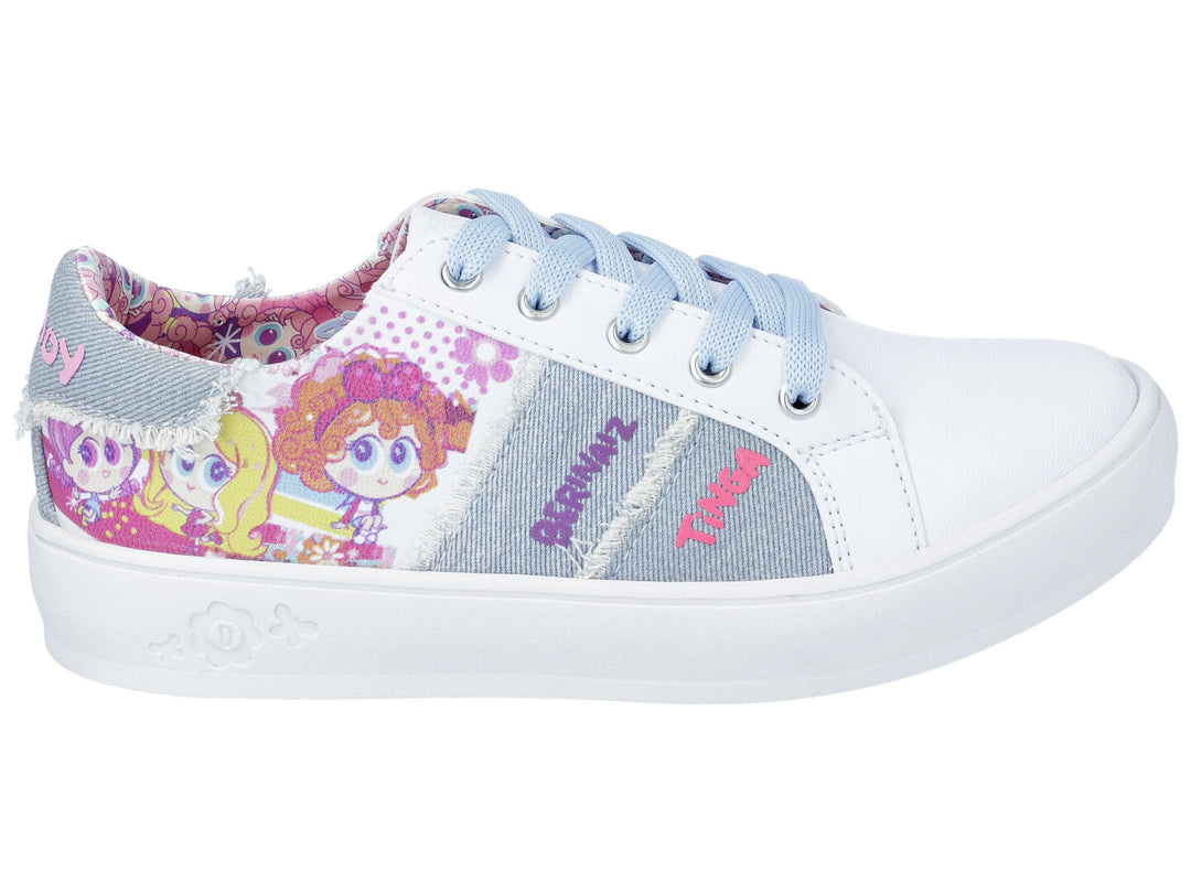 Tenis blancos para niña con detalles en azul y estampados coloridos de personajes Distroller.
