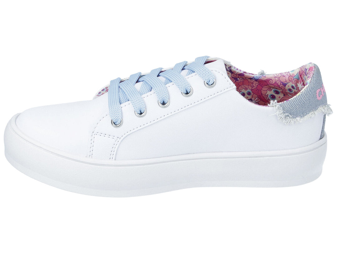 Tenis blancos para niña con detalles en azul y estampados coloridos de personajes Distroller.
