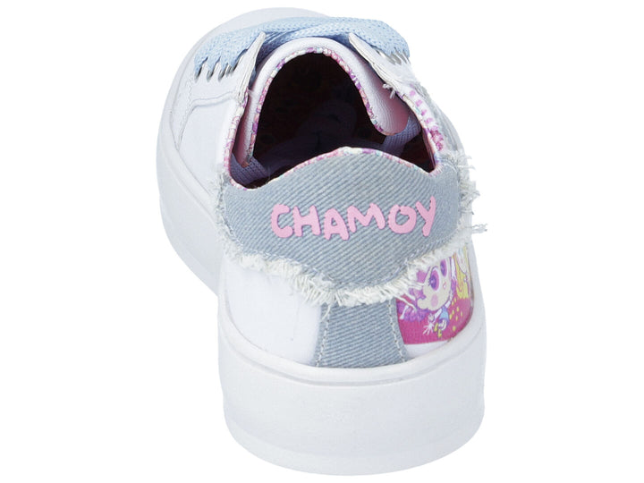 Tenis blancos y azules para niña con detalles coloridos y personajes de Distroller.