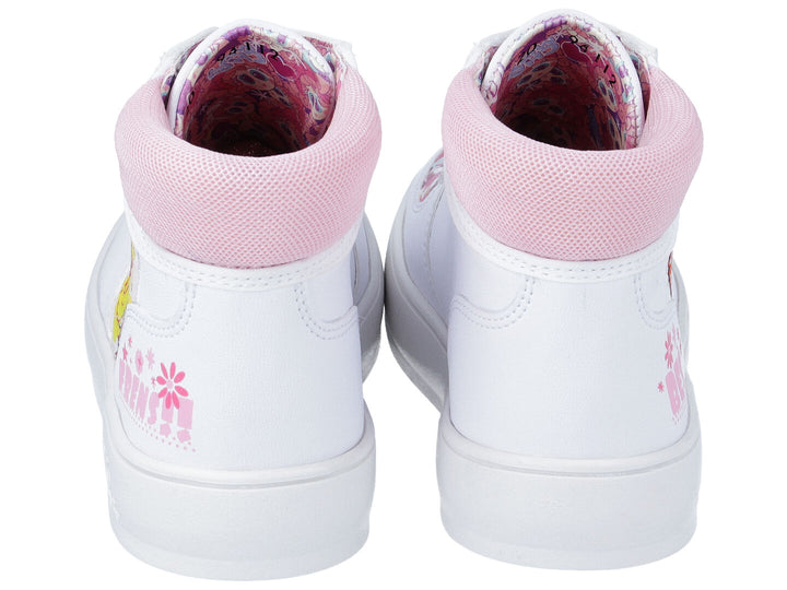 Tenis blancos para niña marca Distroller con detalles en rosa y estampado de personaje.