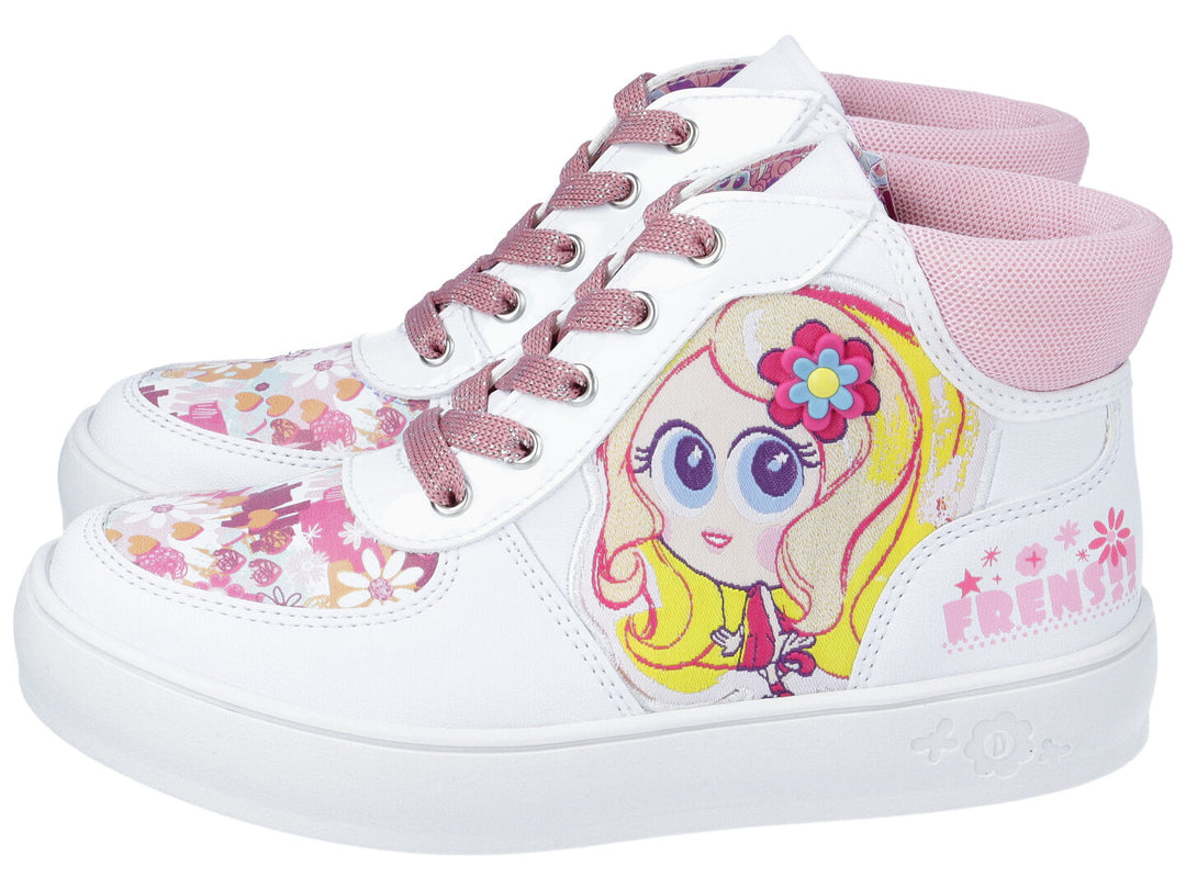 Tenis blancos para niña marca Distroller con detalles en rosa y diseño de personaje impreso.