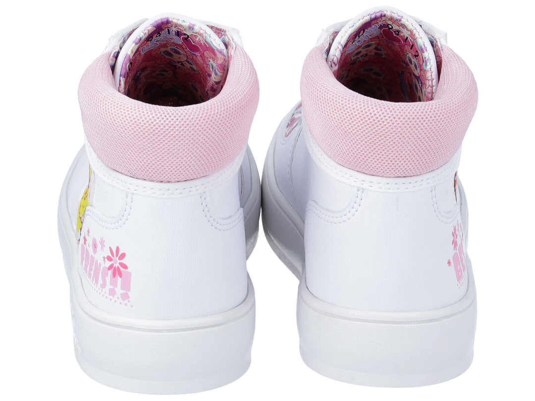 Tenis blancos para niña marca Distroller con detalles en rosa y diseño de personaje impreso.