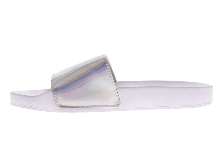 Sandalias blancas Tommy Hilfiger para mujer con correa iridiscente y logotipo Tommy Jeans.