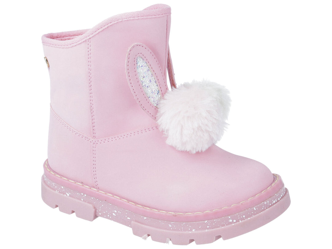 Botines color rosa para niña con pompon blanco y detalles brillantes en el lateral.
