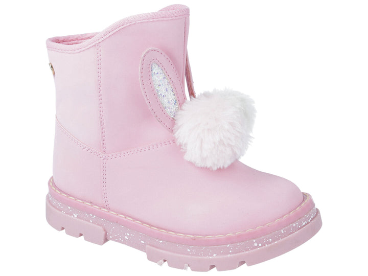Botines color rosa para niña con pompon blanco y detalles brillantes en el lateral.