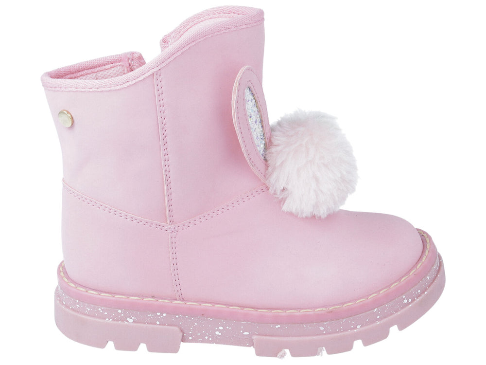 Botines color rosa para niña con pompon blanco y detalles brillantes en el lateral.
