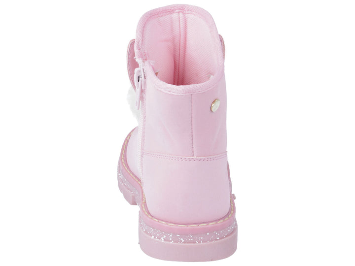 Botines color rosa para niña con pompon blanco y detalles brillantes en el lateral.