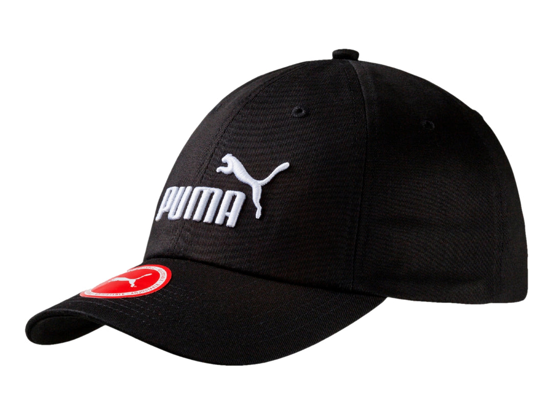 Gorra PUMA ESS CAP color negro con logotipo blanco bordado y visera curva.