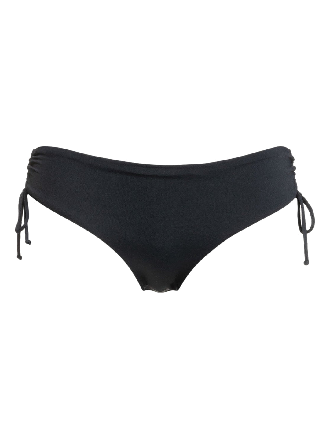Parte inferior de traje de baño color negro con lazos ajustables en los costados para mujer.