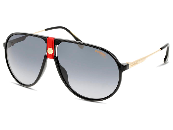 Lentes de sol Carrera para hombre con montura negra, puente rojo y varillas doradas.