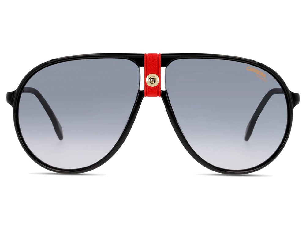 Lentes de sol Carrera para hombre con montura negra, puente rojo y varillas doradas.