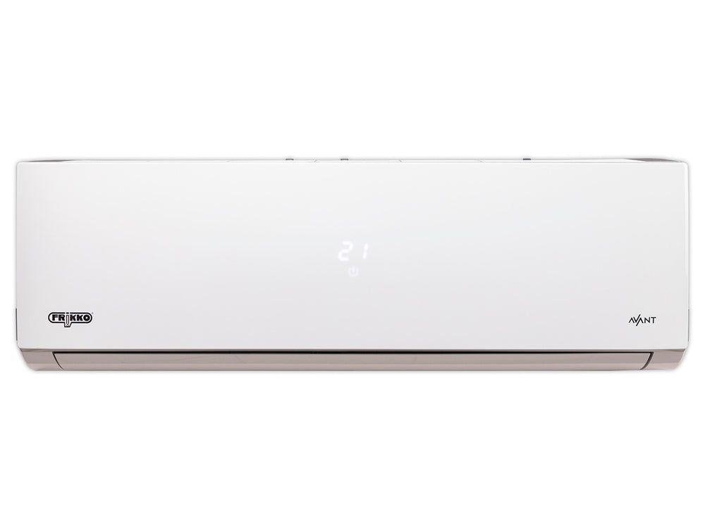 Unidad interior de aire acondicionado minisplit FRIKKO color blanco con pantalla digital frontal.