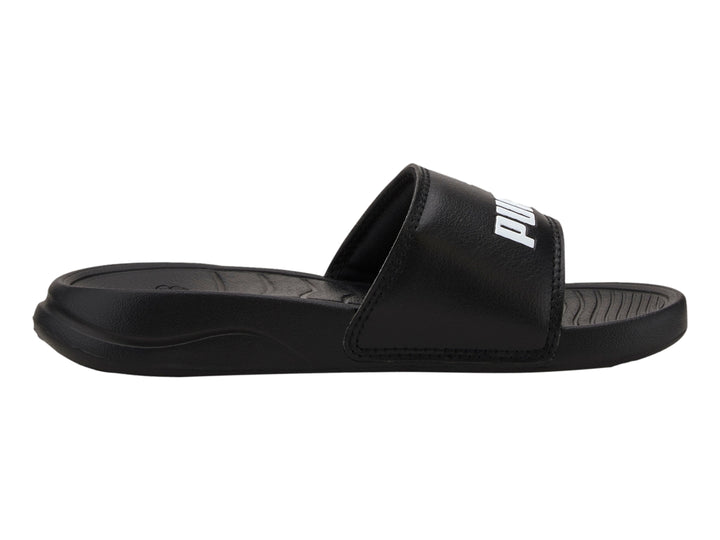Sandalia PUMA Popcat 20 en color negro con logotipo blanco en la banda superior.