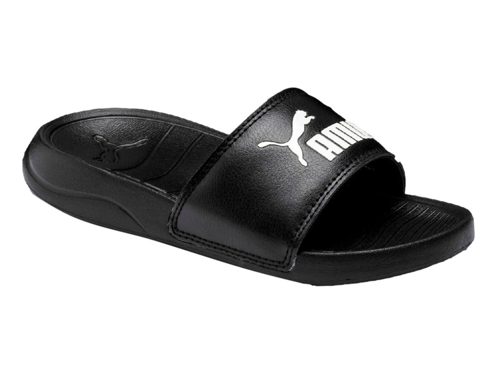 Sandalia PUMA Popcat 20 en color negro con logotipo blanco en la banda superior.
