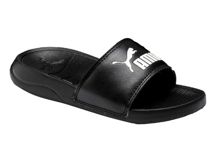 Sandalia PUMA Popcat 20 en color negro con logotipo blanco en la banda superior.