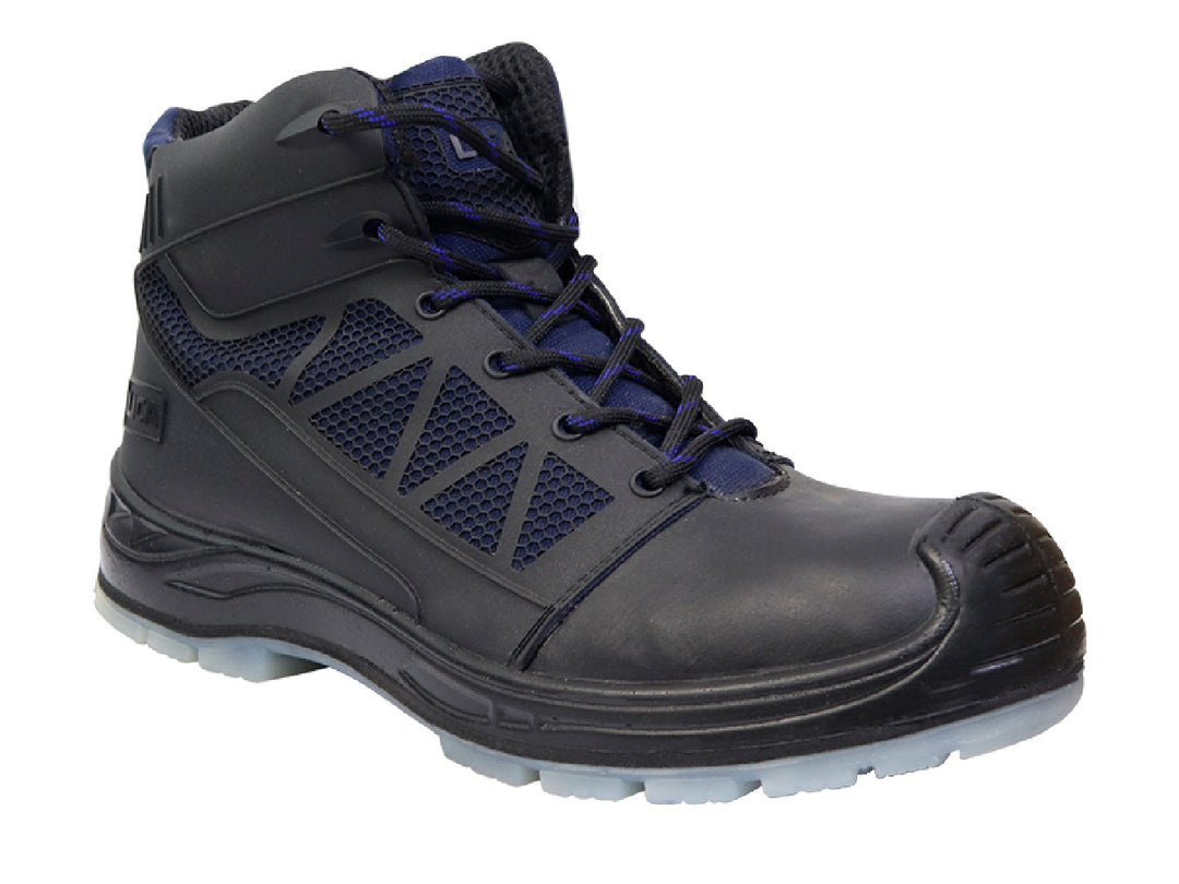 Botas industriales LICA para hombre en color negro con detalles en malla azul y suela gris.