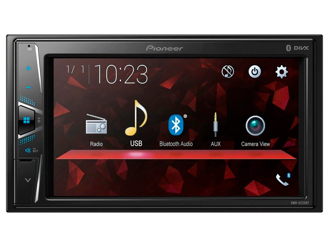 Estéreo Pioneer DMH-G225BT negro con pantalla LCD de 6.2 pulgadas mostrando menú de funciones.