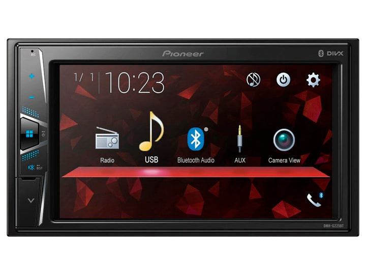 Estéreo Pioneer DMH-G225BT negro con pantalla LCD de 6.2 pulgadas mostrando menú de funciones.